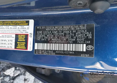 2010 Toyota Camry Le из США, поврежденный, VIN 4T4BF3EK5AR047765